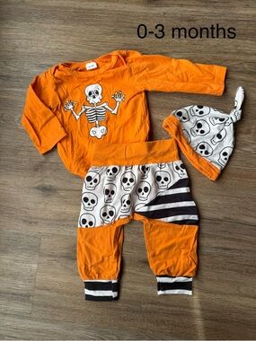 Orange Baby Skeleton 3-Piece Outfit - Skull Print
